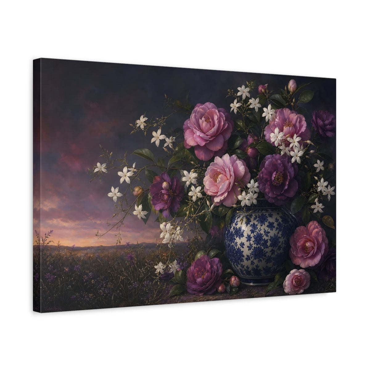 Side Mockup 3. Floral Camellias Purple Pink Floral shown as stretched canvas wall art