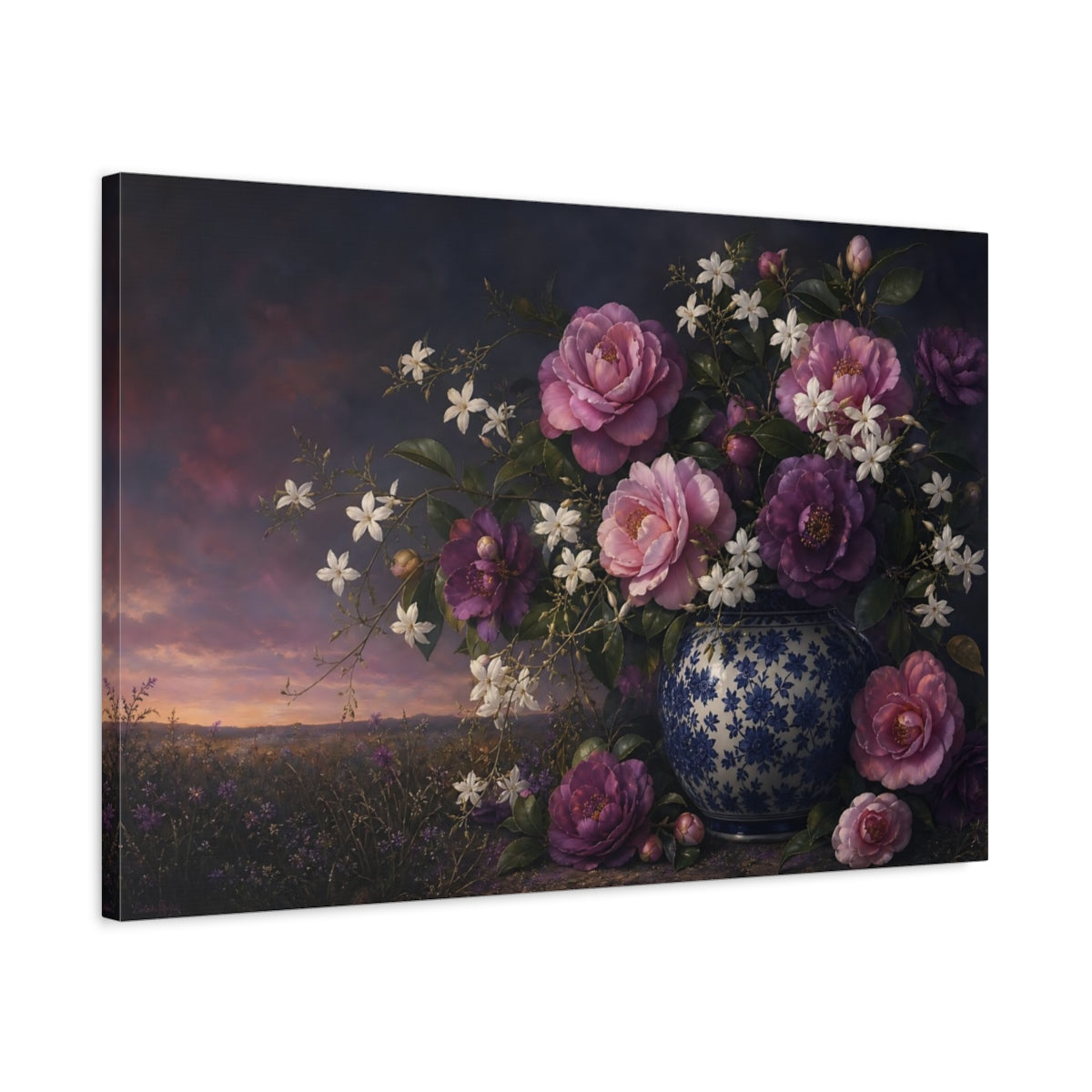 Side Mockup 2. Floral Camellias Purple Pink Floral shown as stretched canvas wall art