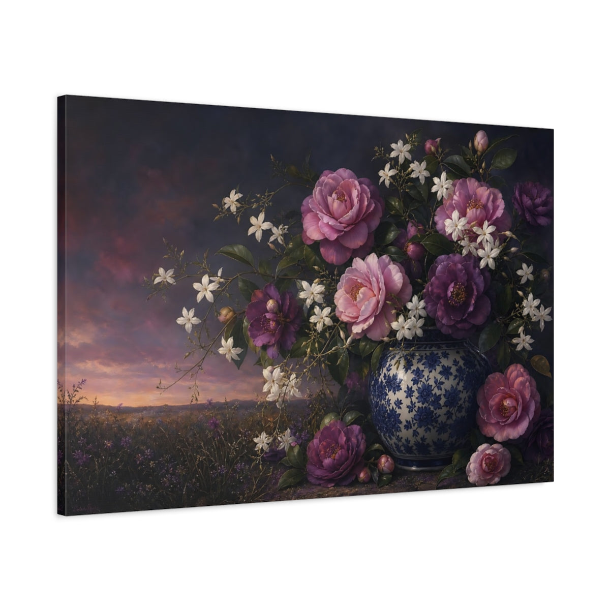 Main Mockup. Floral Camellias Purple Pink Floral shown as stretched canvas wall art