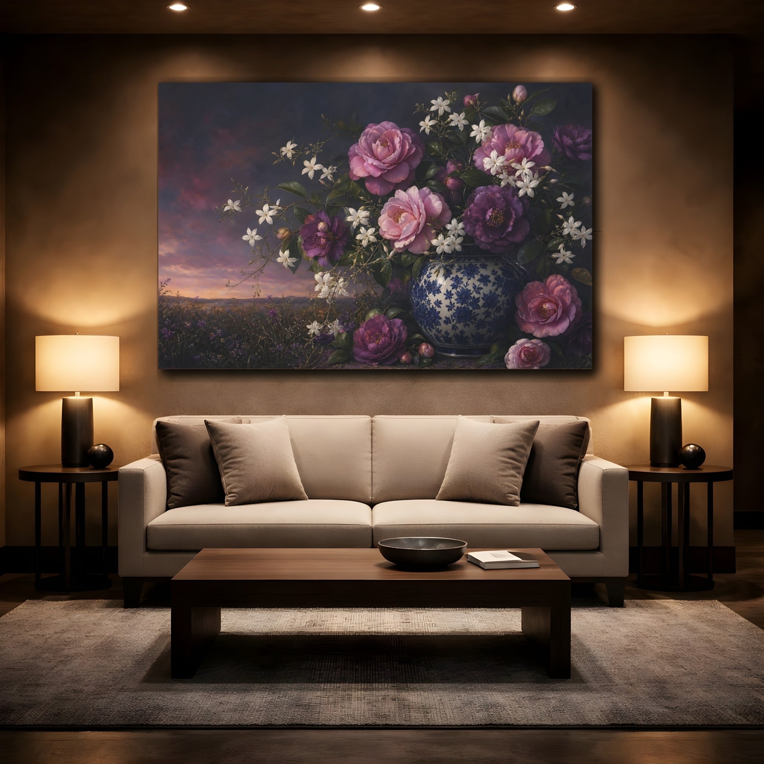 Mockup 2. Floral Camellias Purple Pink Floral shown as stretched canvas wall art