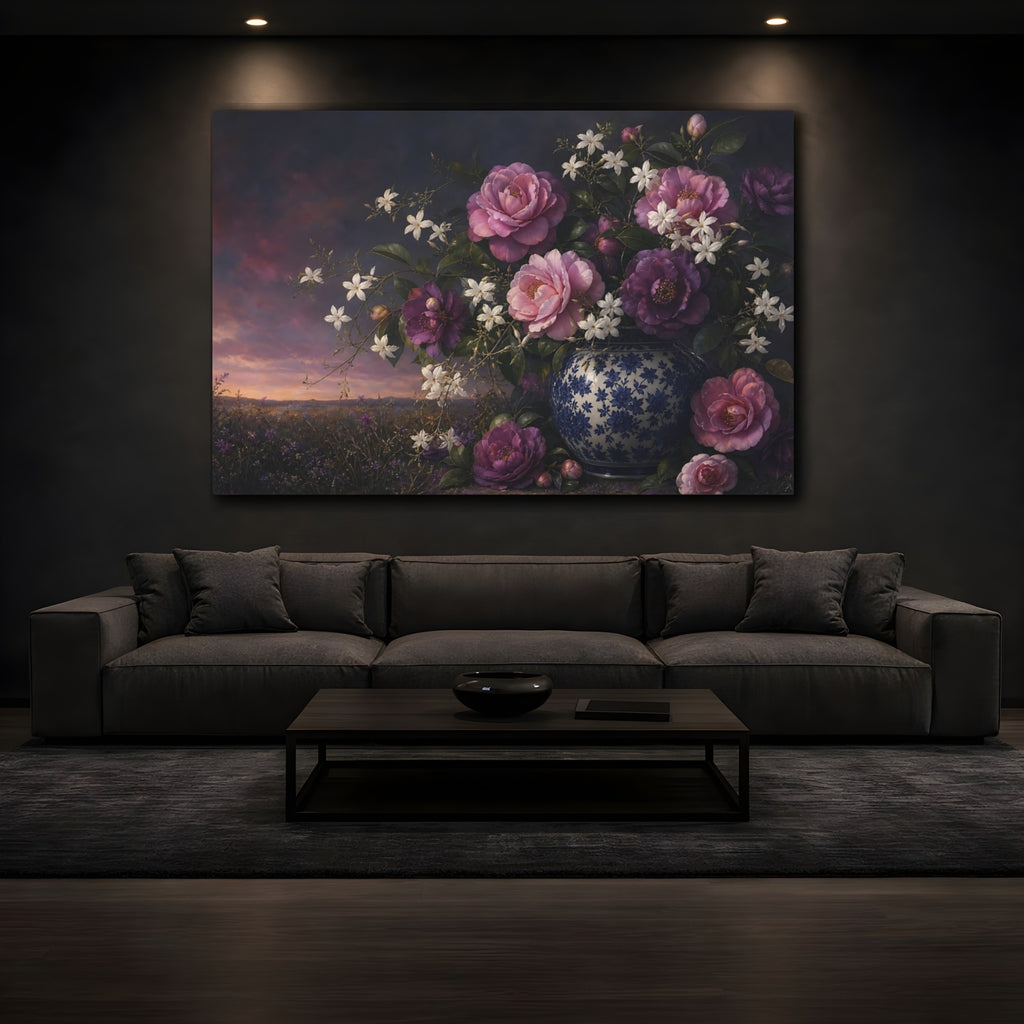 Mockup 3. Floral Camellias Purple Pink Floral shown as stretched canvas wall art