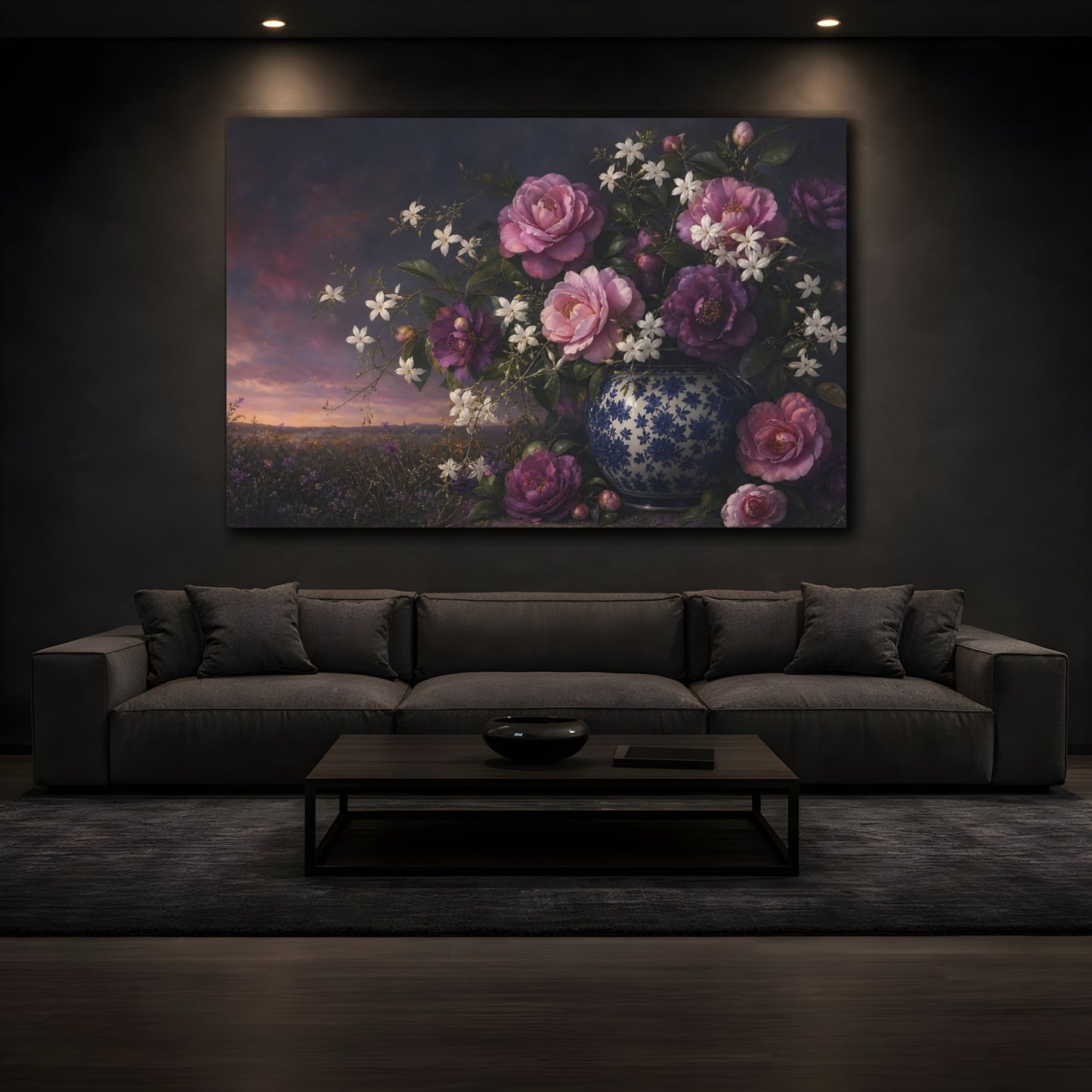 Mockup 3. Floral Camellias Purple Pink Floral shown as stretched canvas wall art
