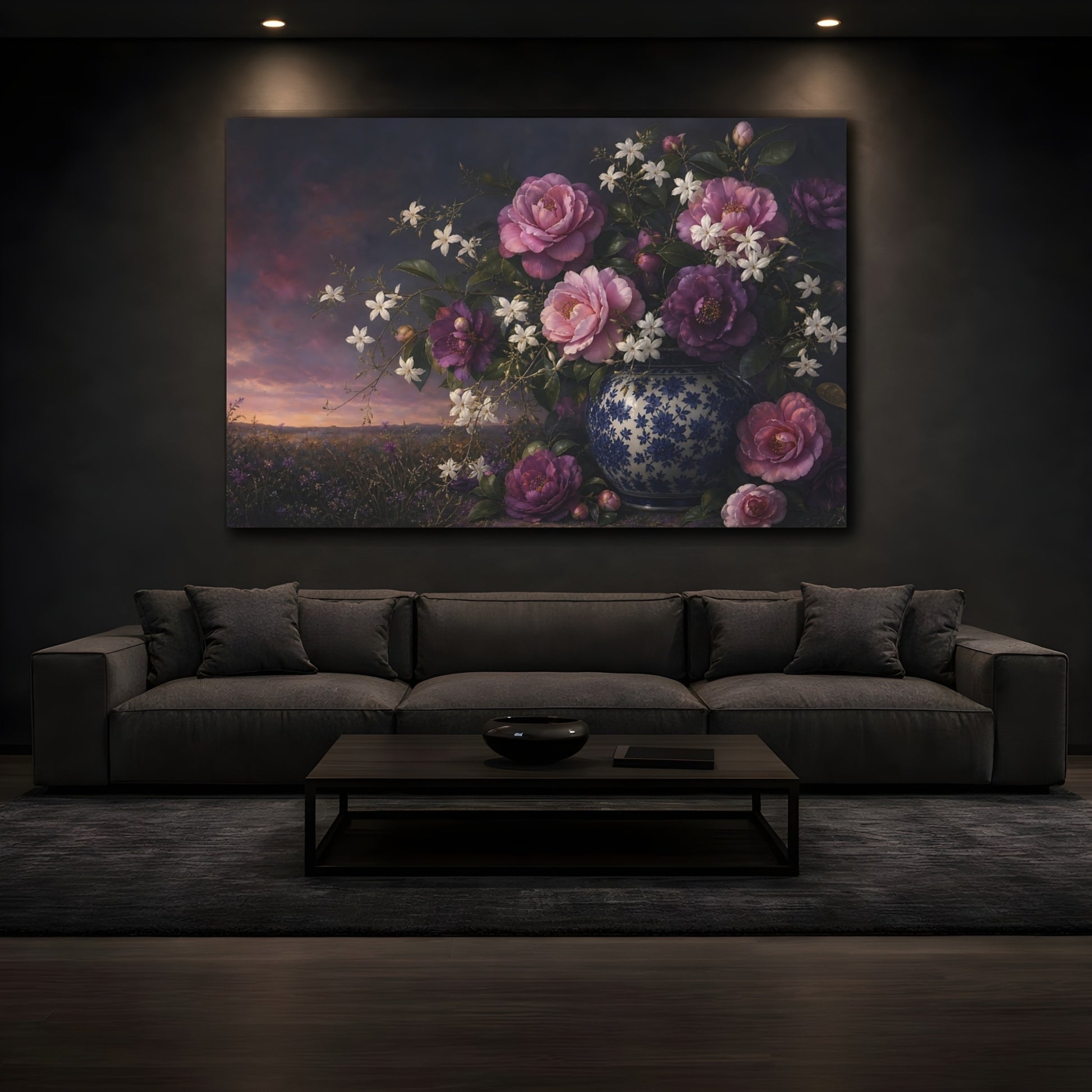 Mockup 3. Floral Camellias Purple Pink Floral shown as stretched canvas wall art