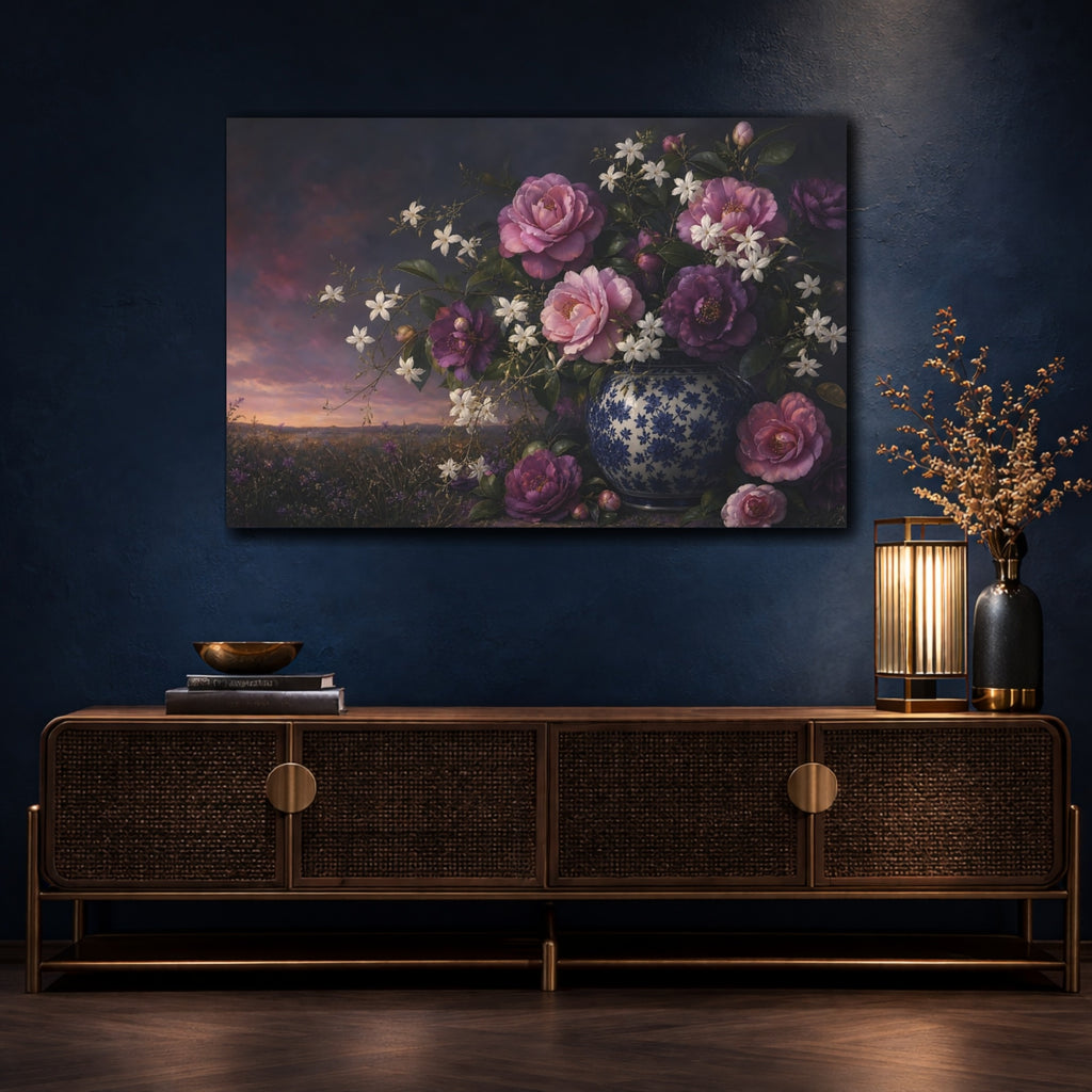 Mockup 4. Floral Camellias Purple Pink Floral shown as stretched canvas wall art