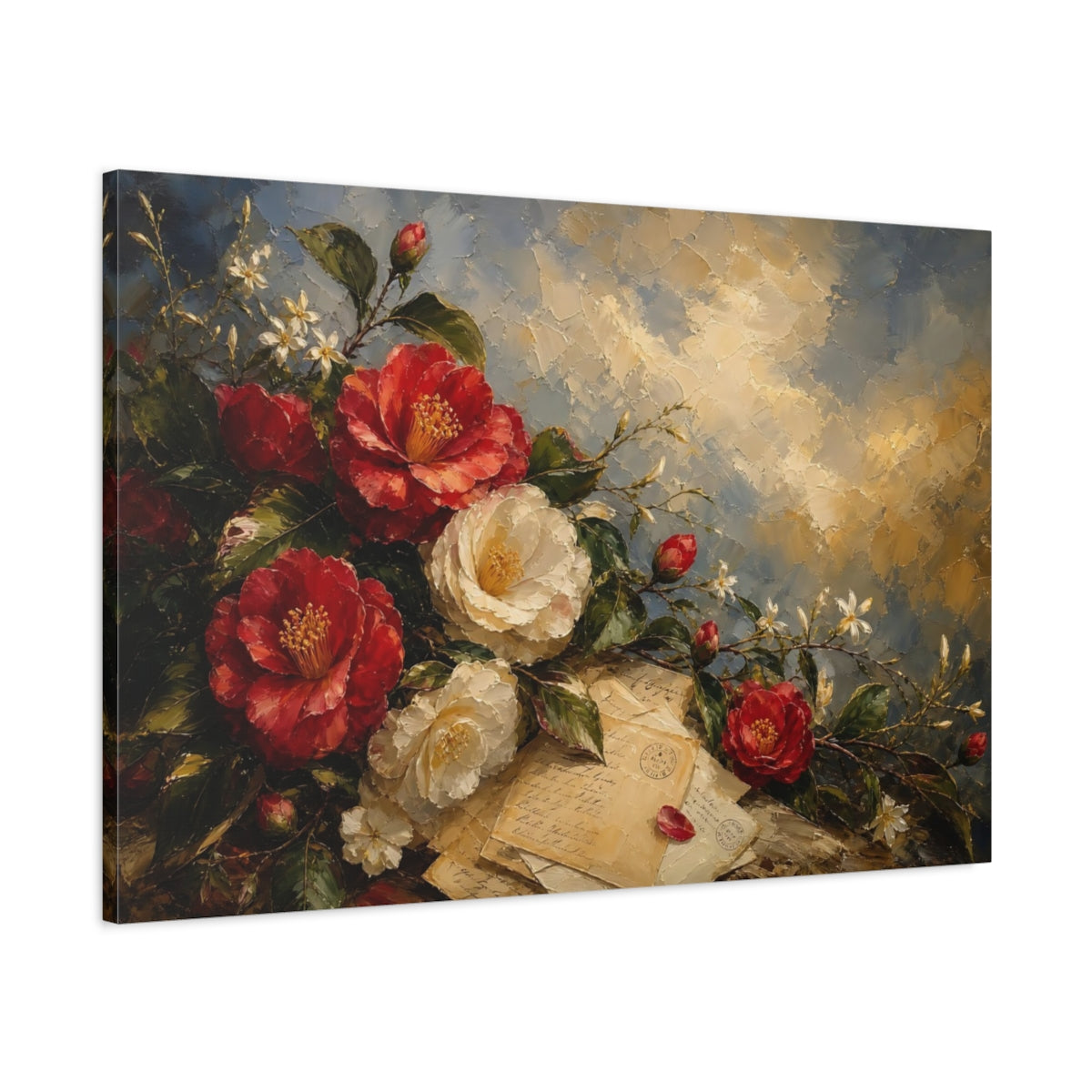 Main Mockup. Floral Camellias Red Camellias shown as stretched canvas wall art