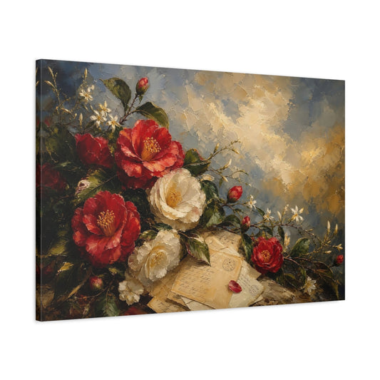 Main Mockup. Floral Camellias Red Camellias shown as stretched canvas wall art