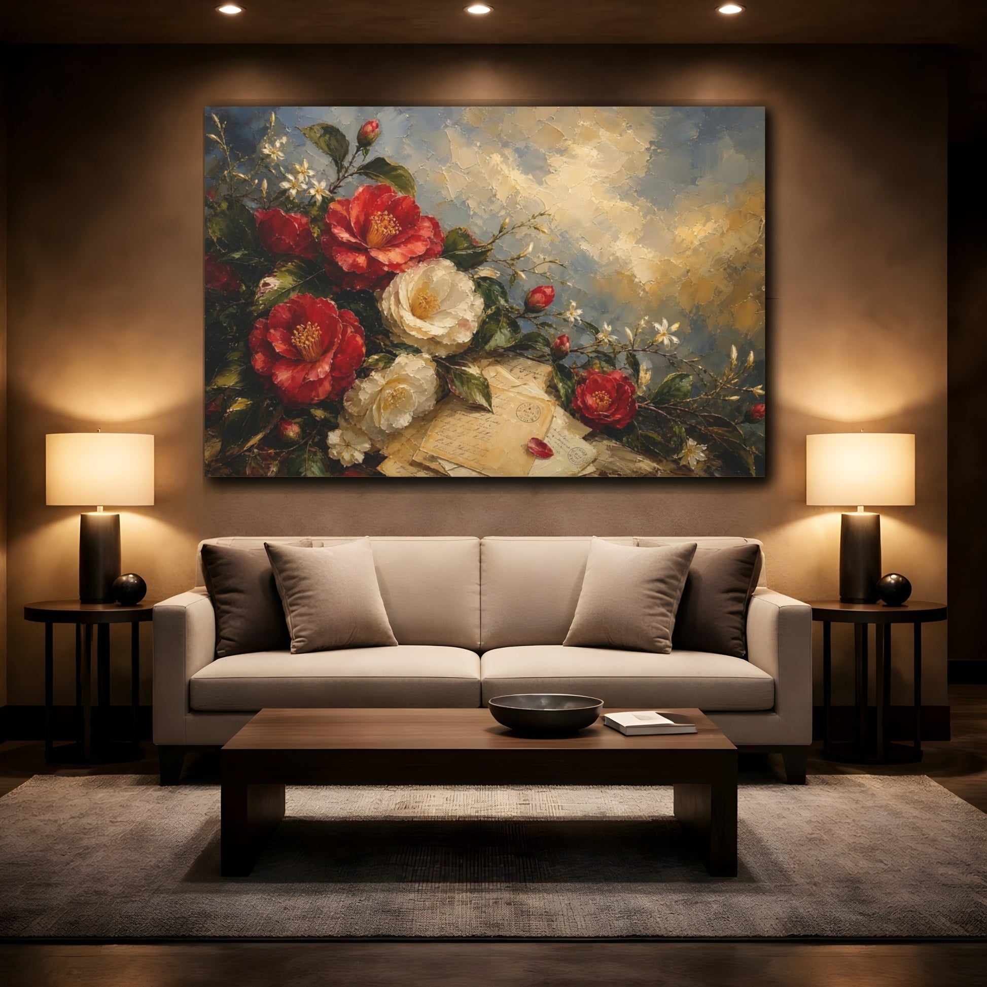 Mockup 2. Floral Camellias Red Camellias shown as stretched canvas wall art