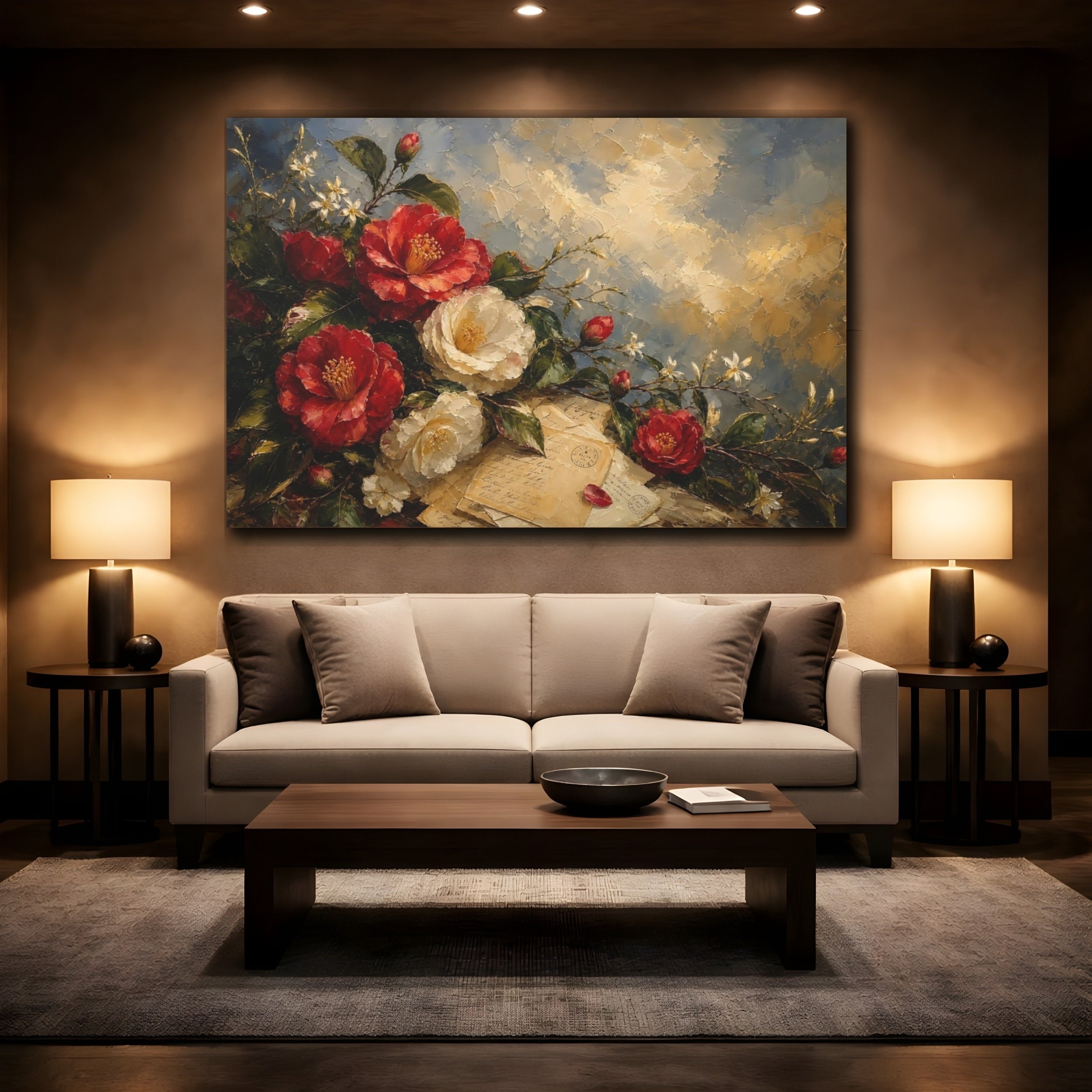 Mockup 2. Floral Camellias Red Camellias shown as stretched canvas wall art
