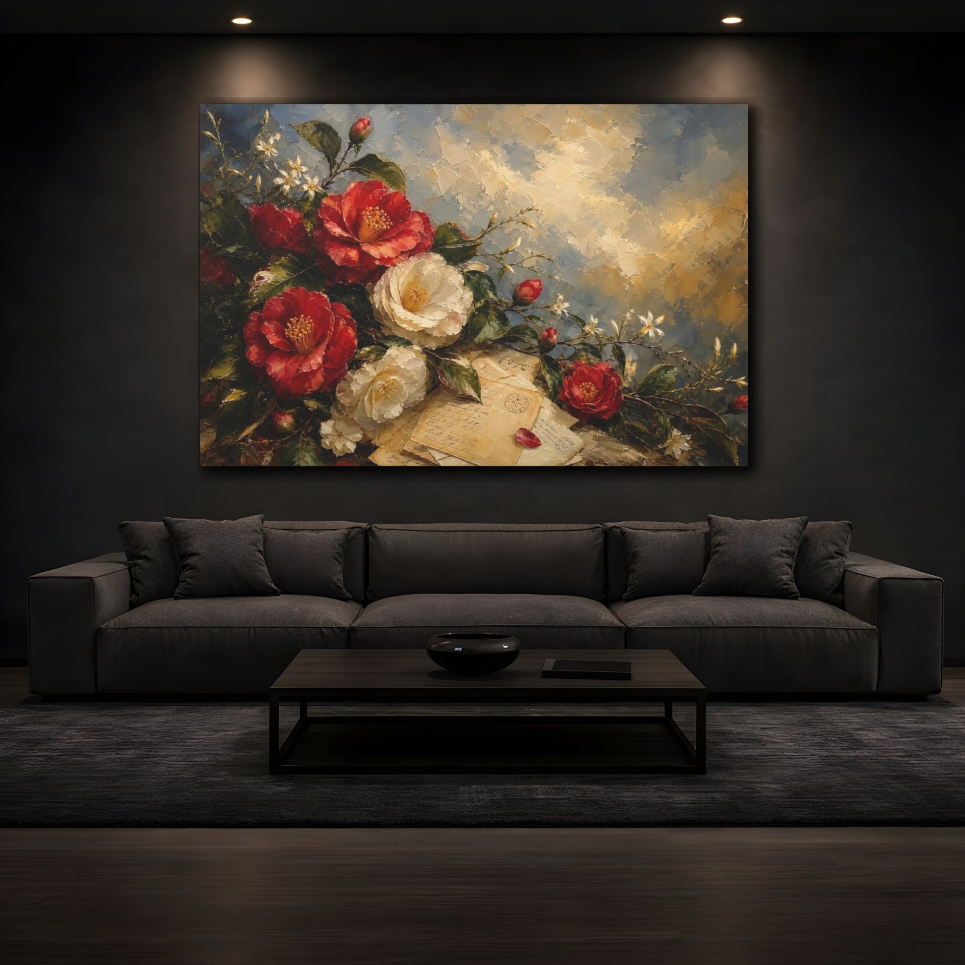 Mockup 3. Floral Camellias Red Camellias shown as stretched canvas wall art