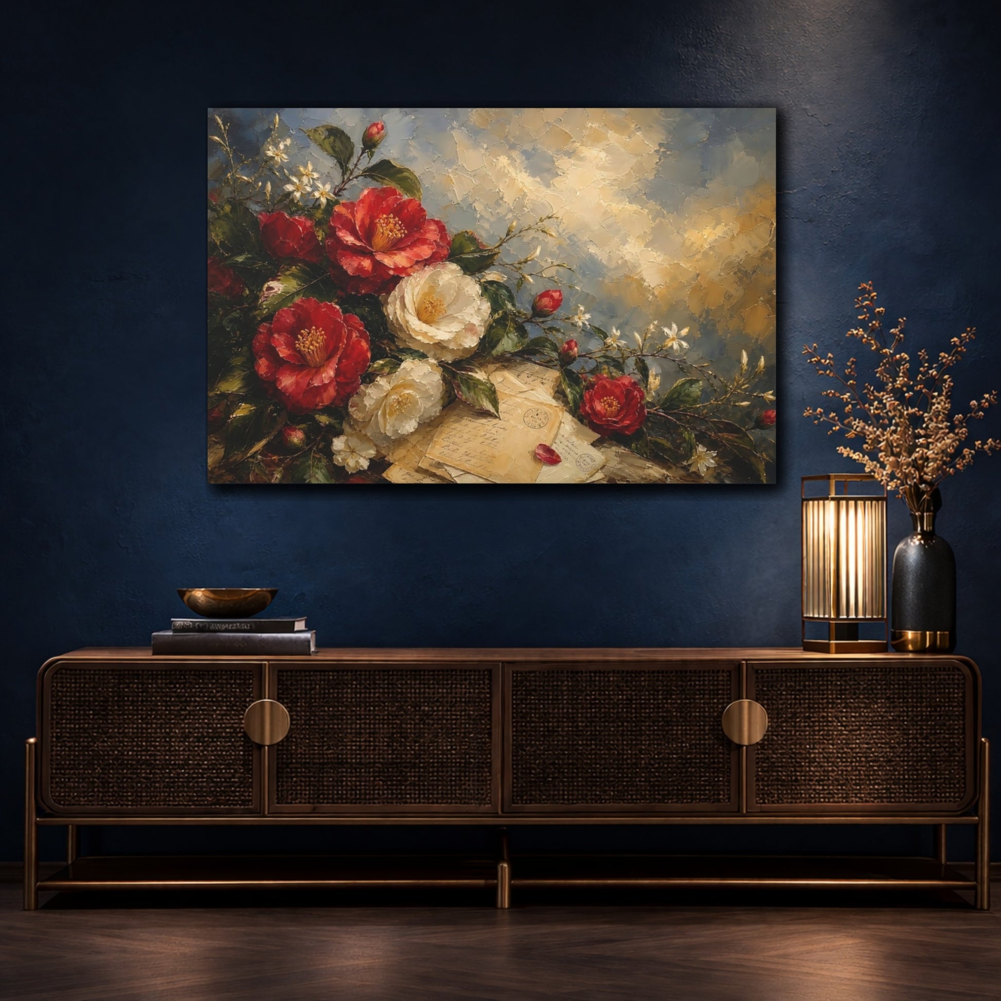 Mockup 4. Floral Camellias Red Camellias shown as stretched canvas wall art