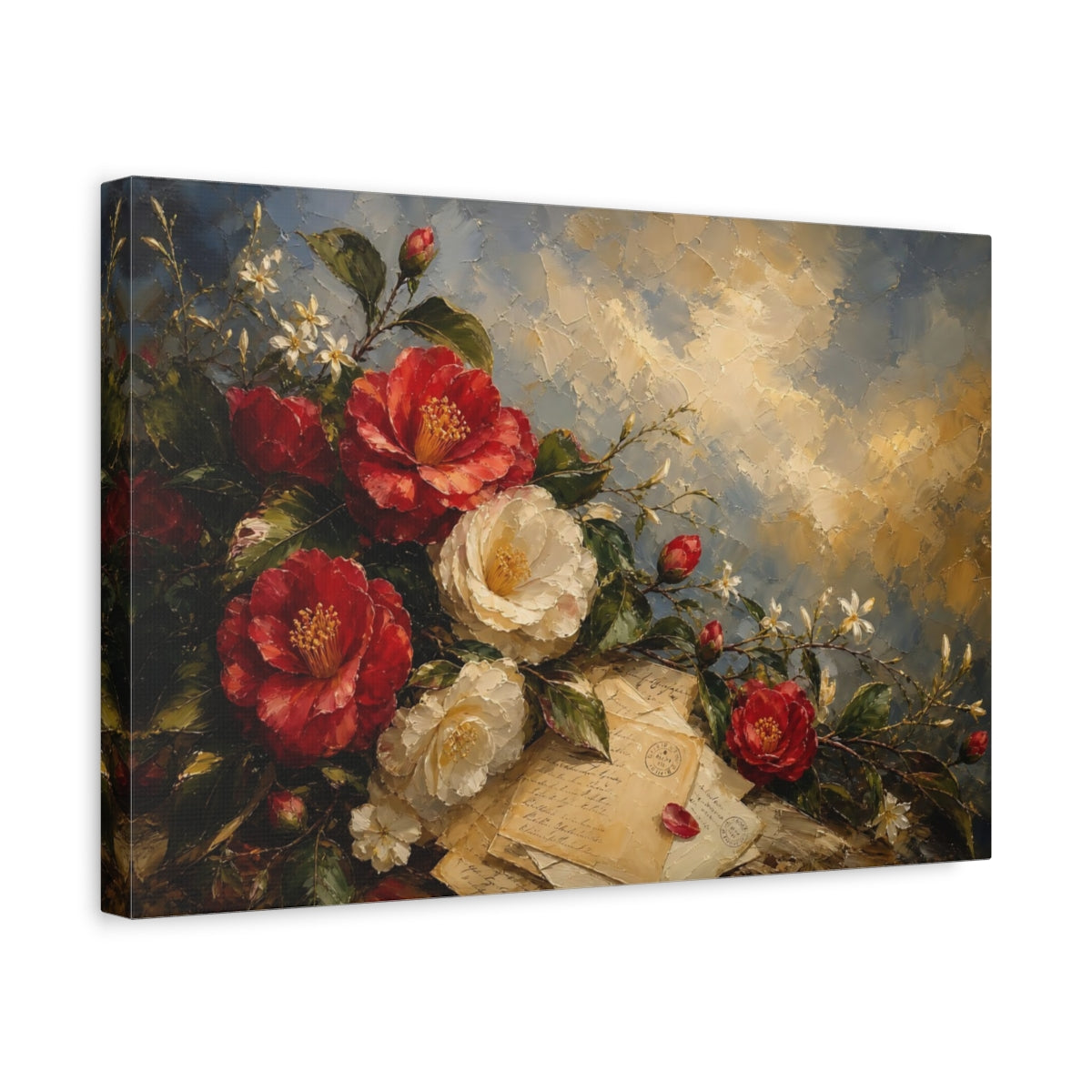 Side Mockup 4. Floral Camellias Red Camellias shown as stretched canvas wall art