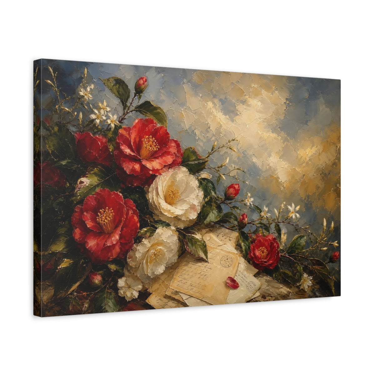 Side Mockup 3. Floral Camellias Red Camellias shown as stretched canvas wall art