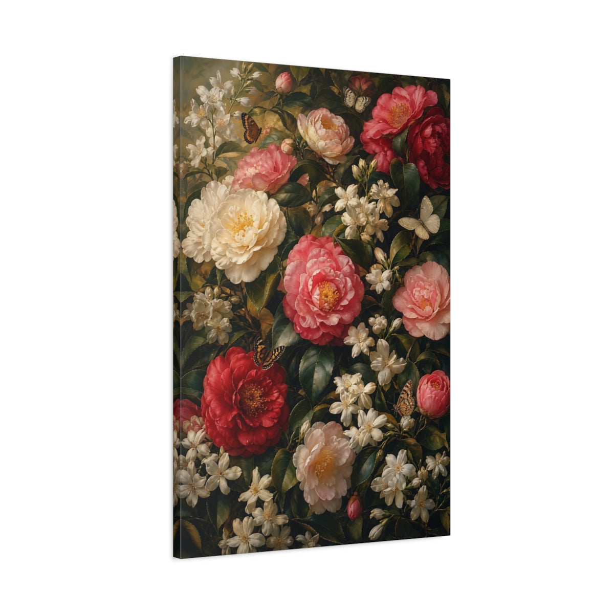 Main Mockup. Floral Camellias Red Pink Camellias shown as stretched canvas wall art
