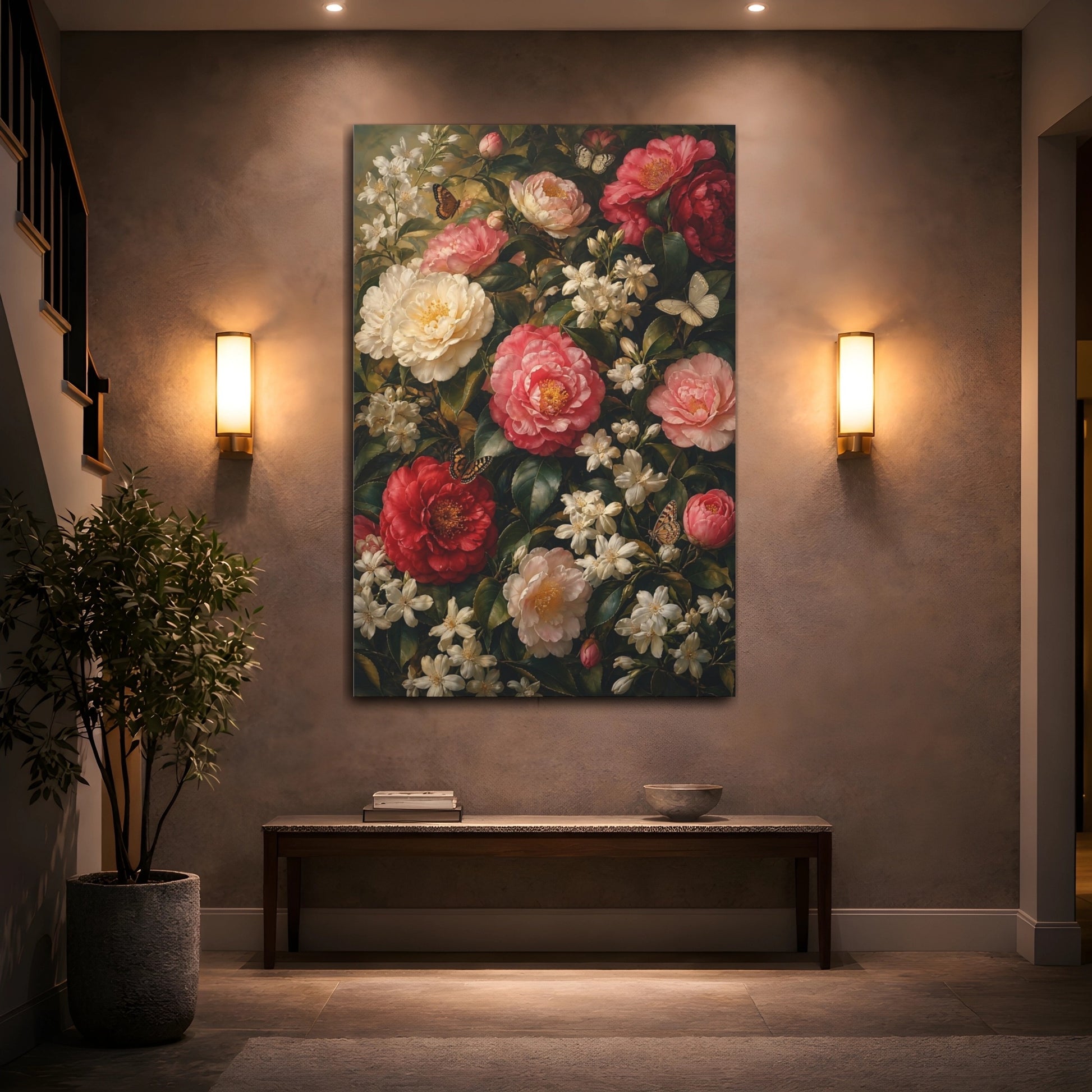 Mockup 2. Floral Camellias Red Pink Camellias shown as stretched canvas wall art