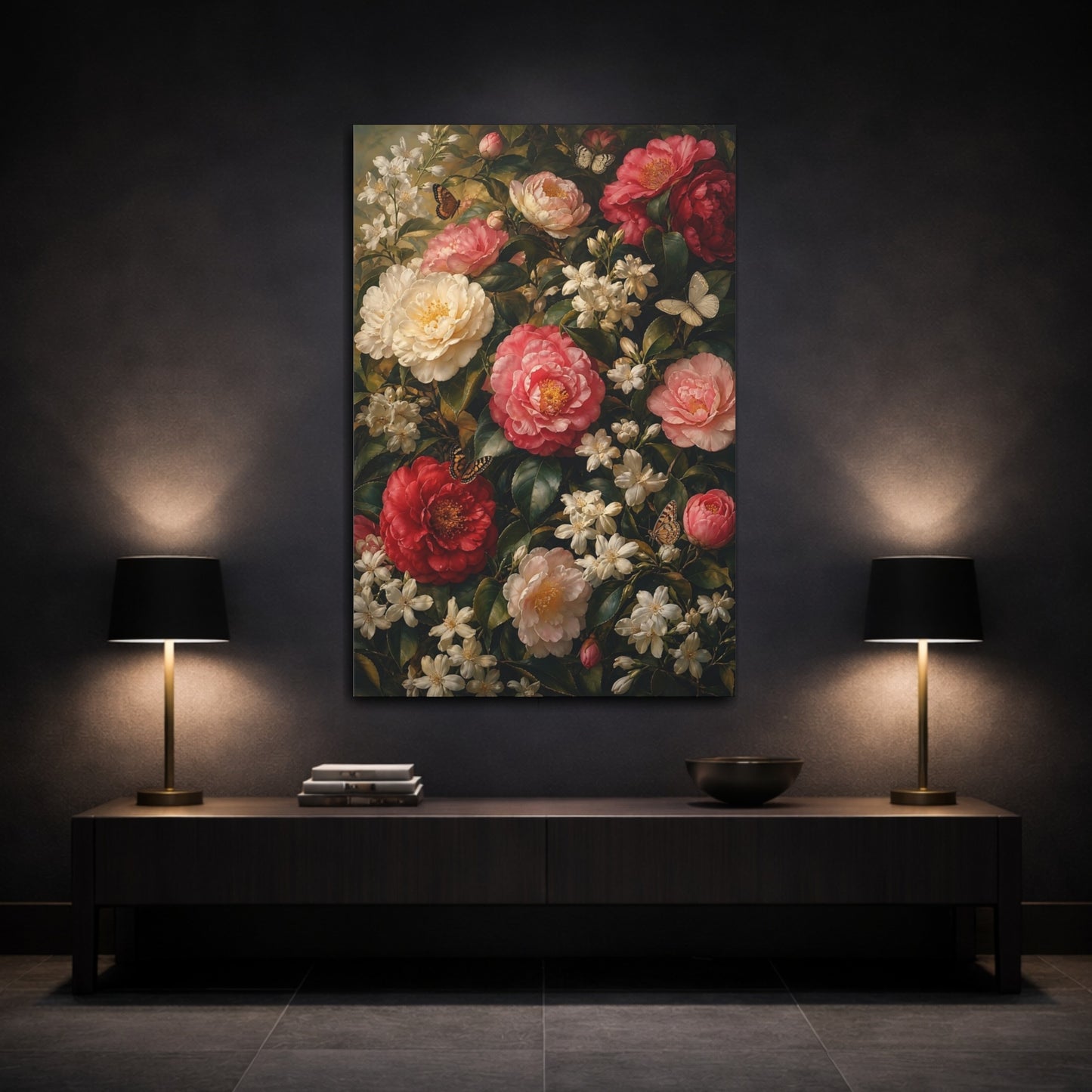 Mockup 3. Floral Camellias Red Pink Camellias shown as stretched canvas wall art