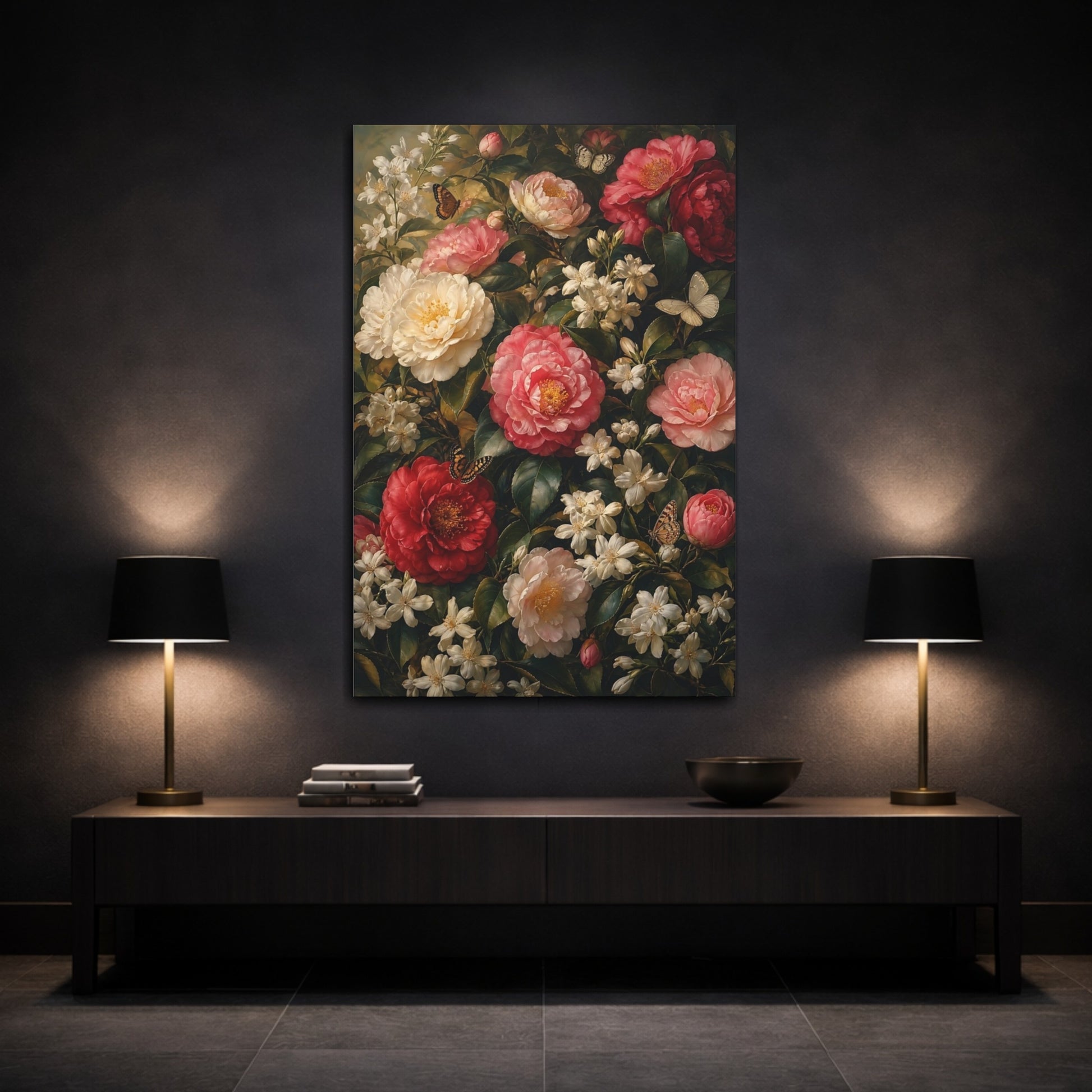 Mockup 3. Floral Camellias Red Pink Camellias shown as stretched canvas wall art