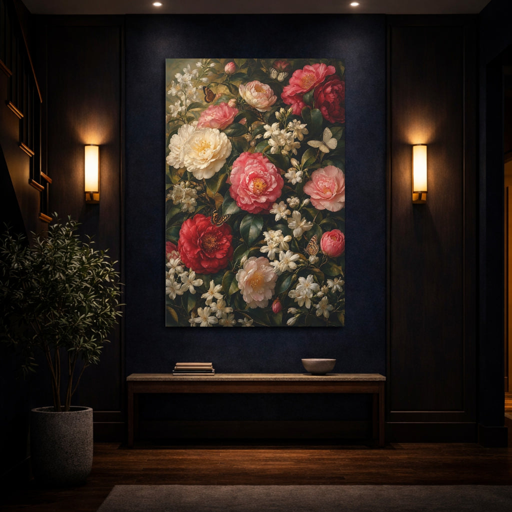 Mockup 4. Floral Camellias Red Pink Camellias shown as stretched canvas wall art