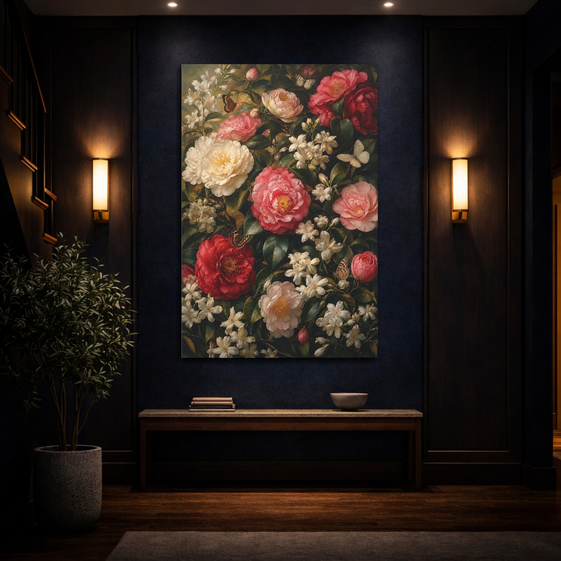 Mockup 4. Floral Camellias Red Pink Camellias shown as stretched canvas wall art