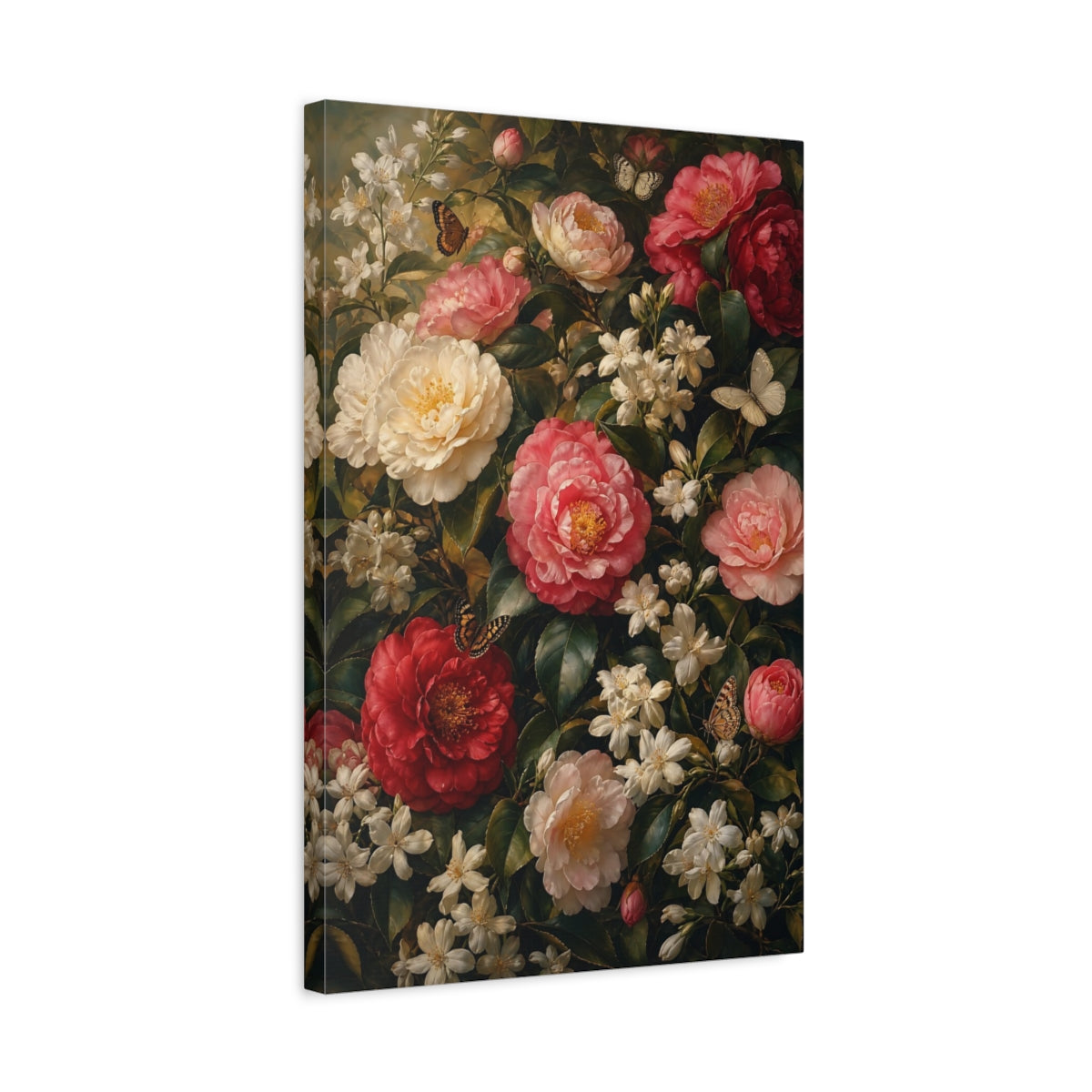 Side Mockup 3. Floral Camellias Red Pink Camellias shown as stretched canvas wall art