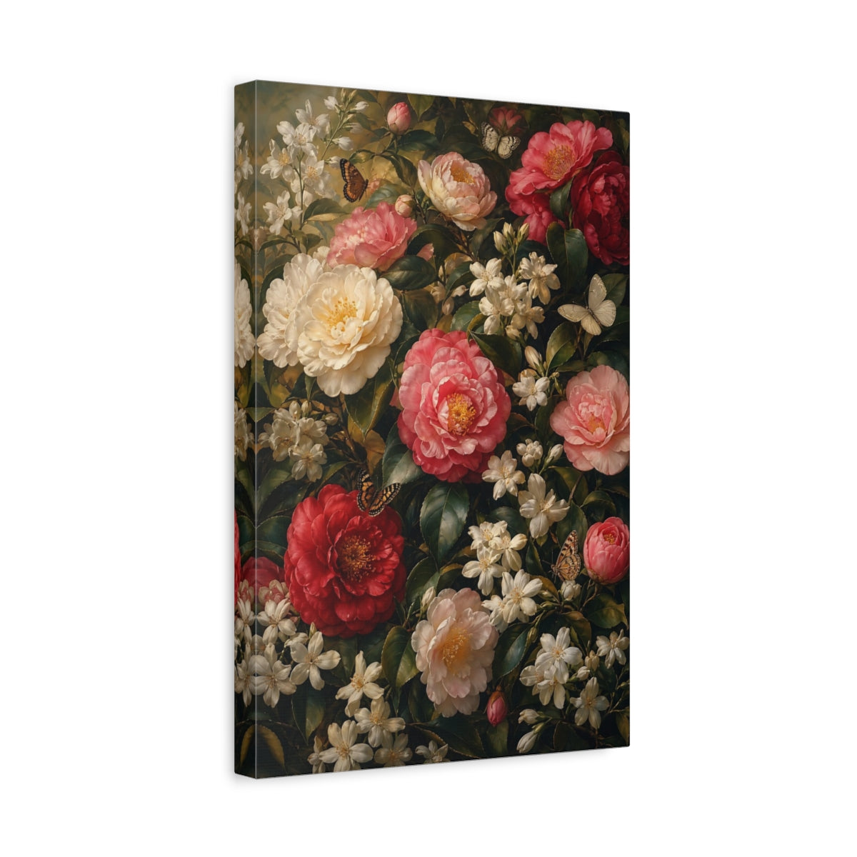 Side Mockup 4. Floral Camellias Red Pink Camellias shown as stretched canvas wall art