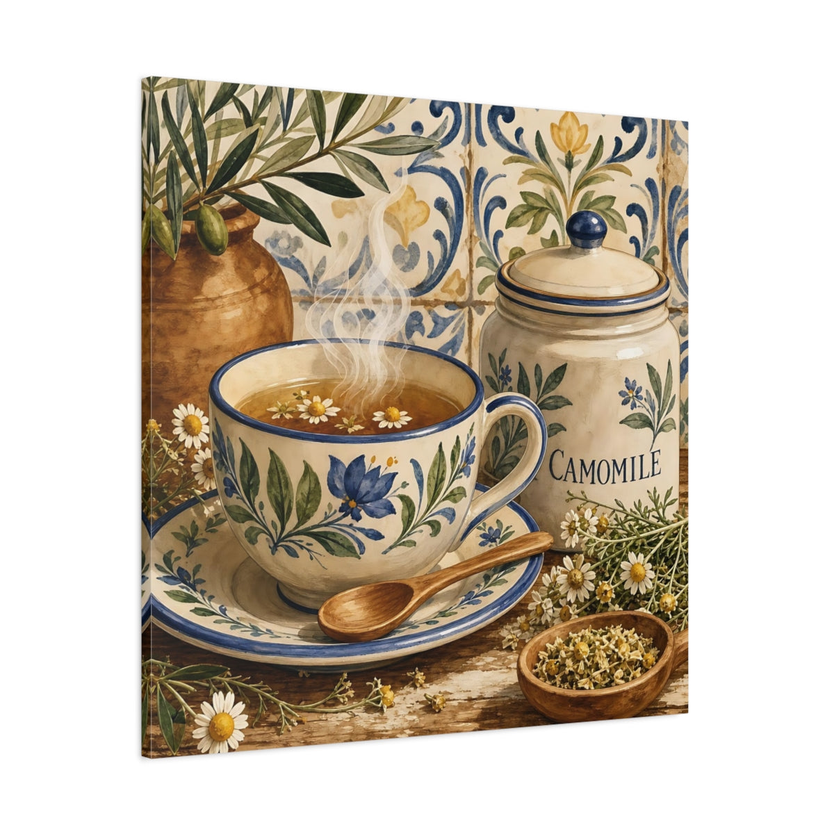 Side Mockup 1. Floral Chamomile Tea Blue Floral Chamomile shown as stretched canvas wall art