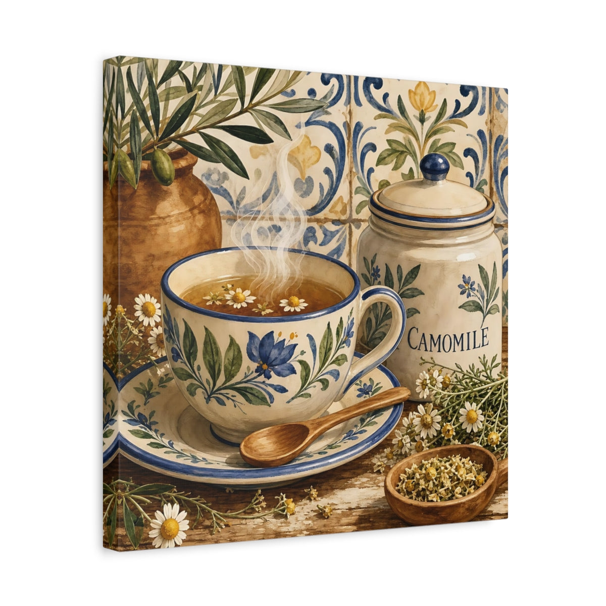 Side Mockup 6. Floral Chamomile Tea Blue Floral Chamomile shown as stretched canvas wall art