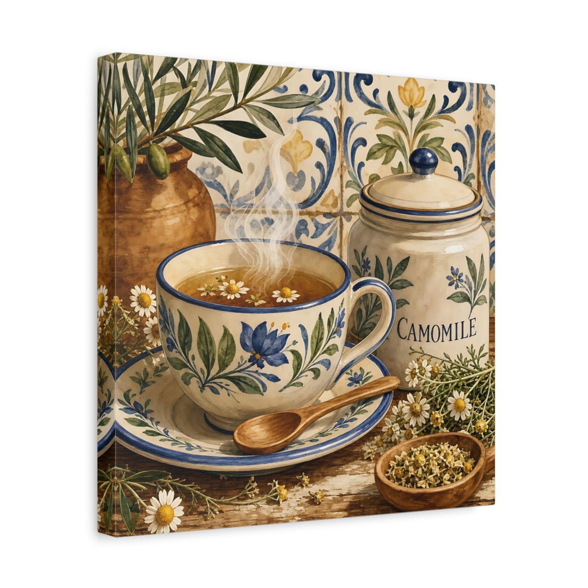 Side Mockup 7. Floral Chamomile Tea Blue Floral Chamomile shown as stretched canvas wall art