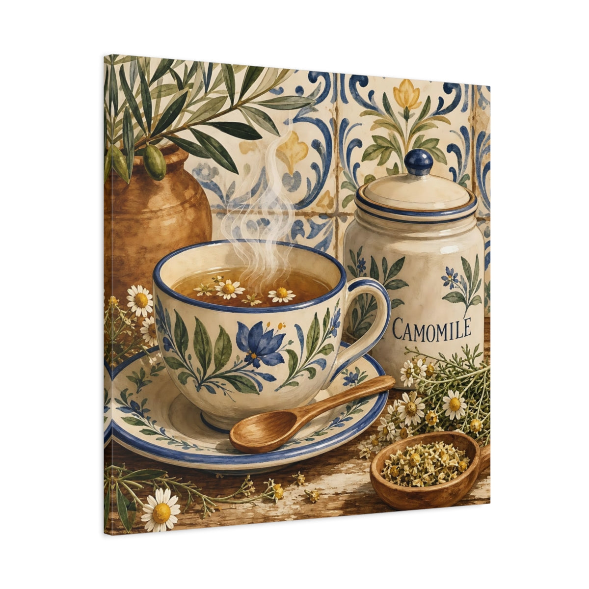 Side Mockup 3. Floral Chamomile Tea Blue Floral Chamomile shown as stretched canvas wall art