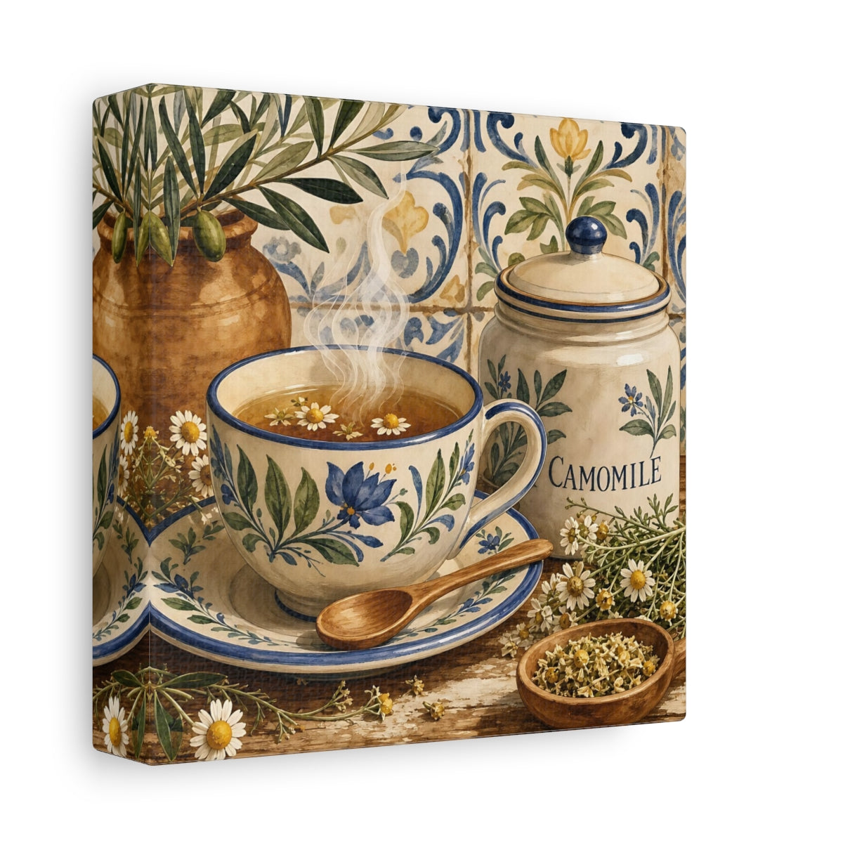 Side Mockup 2. Floral Chamomile Tea Blue Floral Chamomile shown as stretched canvas wall art