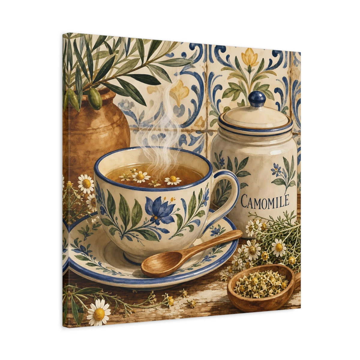 Side Mockup 4. Floral Chamomile Tea Blue Floral Chamomile shown as stretched canvas wall art