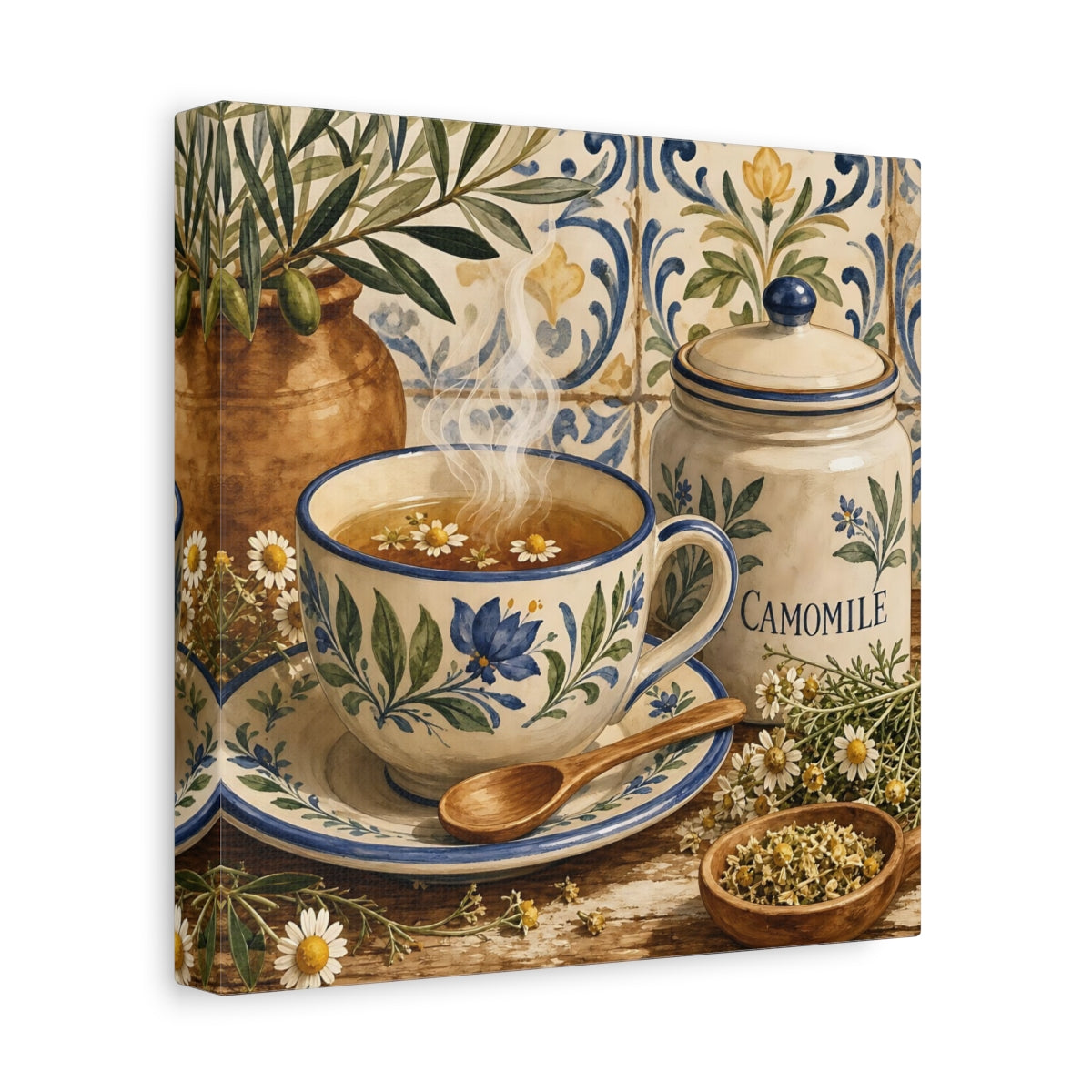 Side Mockup 9. Floral Chamomile Tea Blue Floral Chamomile shown as stretched canvas wall art