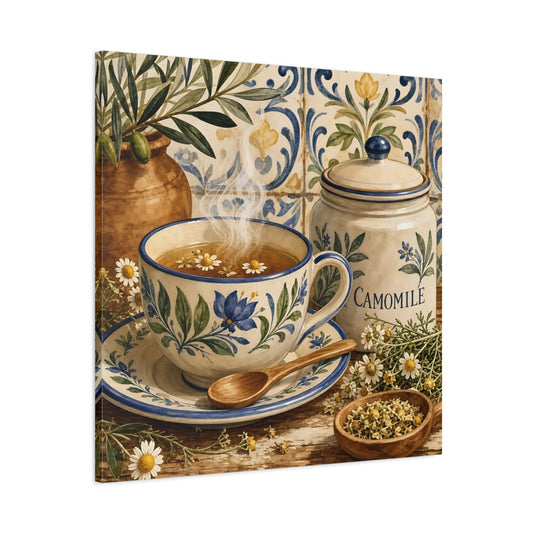 Main Mockup. Floral Chamomile Tea Blue Floral Chamomile shown as stretched canvas wall art
