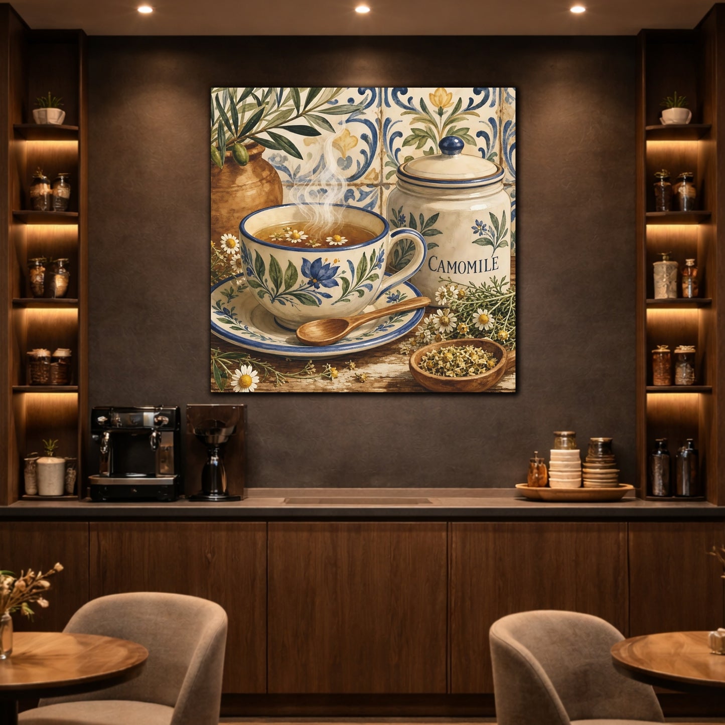 Mockup 2. Floral Chamomile Tea Blue Floral Chamomile shown as stretched canvas wall art