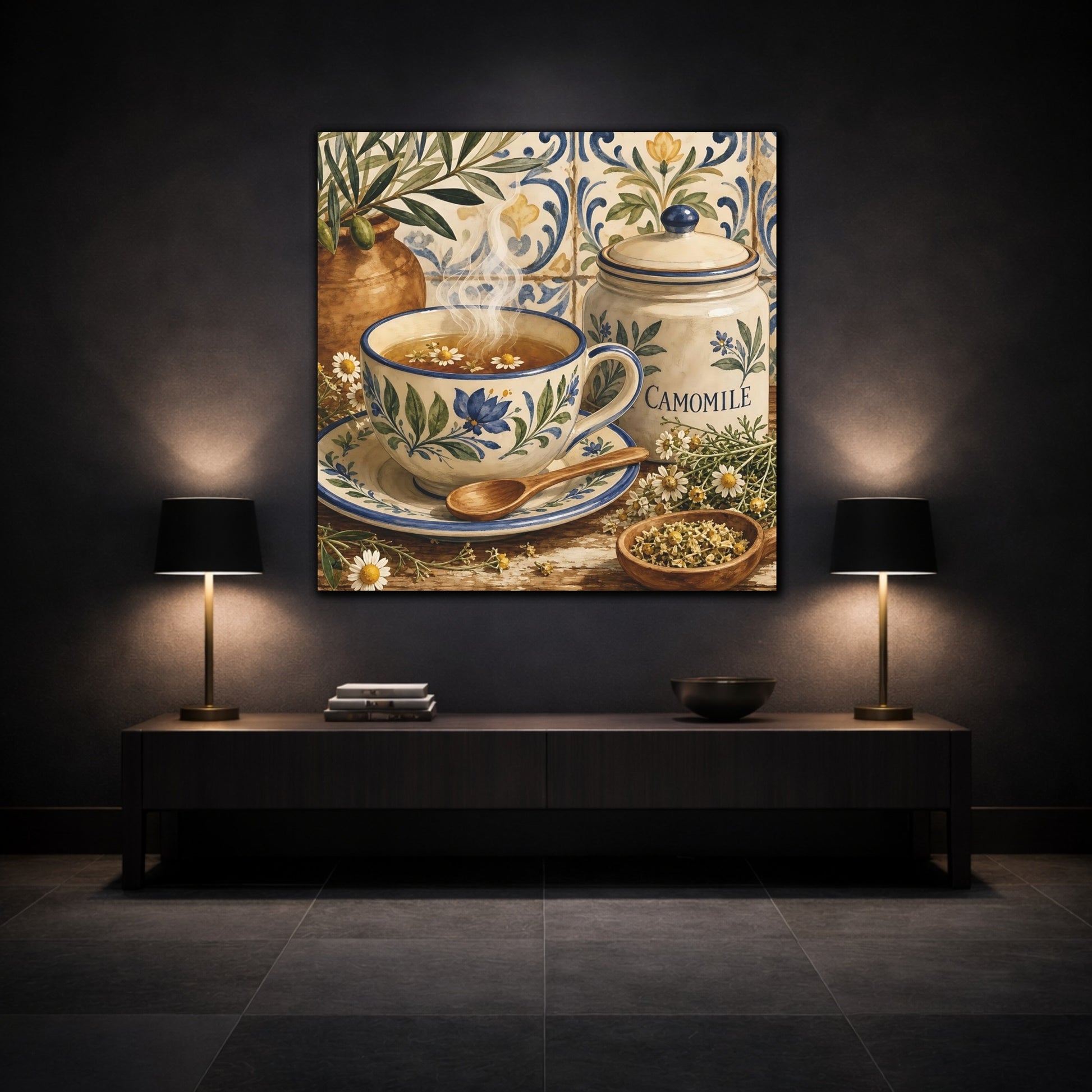 Mockup 3. Floral Chamomile Tea Blue Floral Chamomile shown as stretched canvas wall art