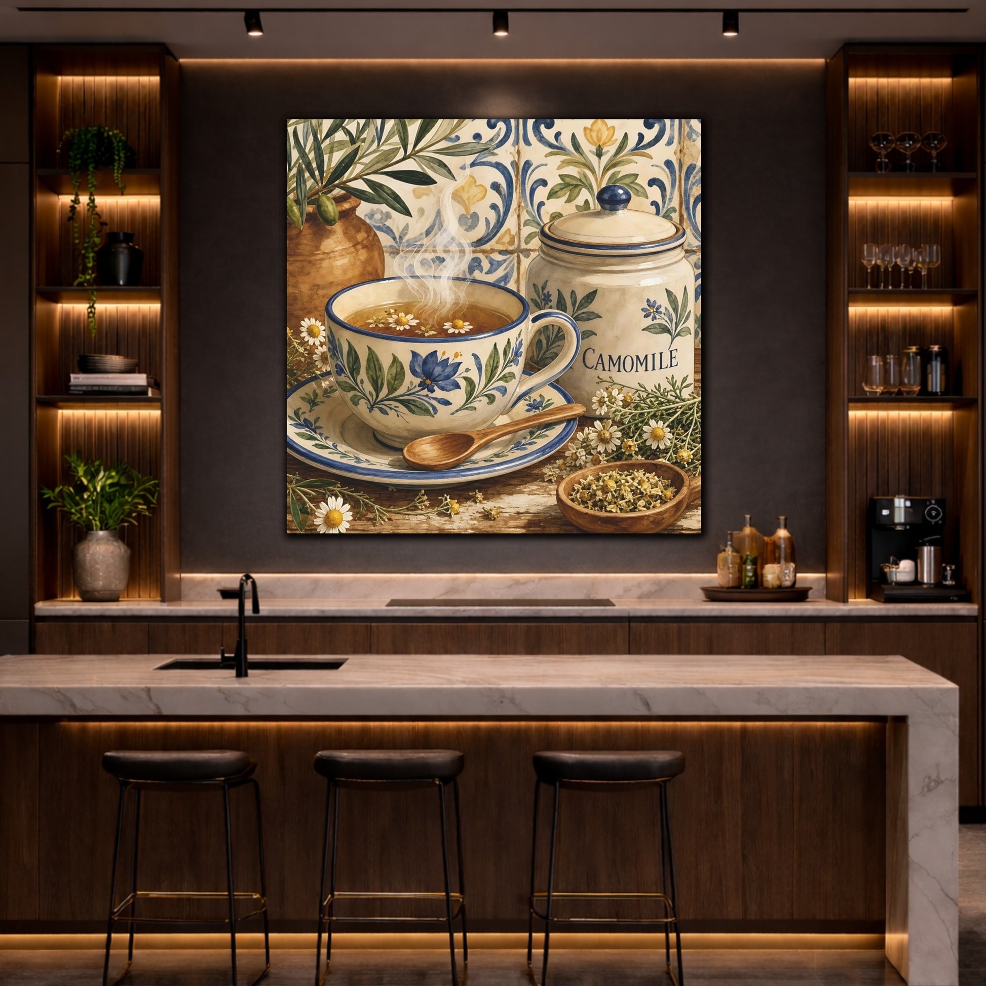 Mockup 4. Floral Chamomile Tea Blue Floral Chamomile shown as stretched canvas wall art