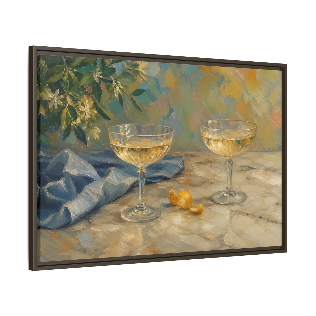 Main Mockup. Floral Champagne Glasses Blue And Gold shown as stretched canvas wall art