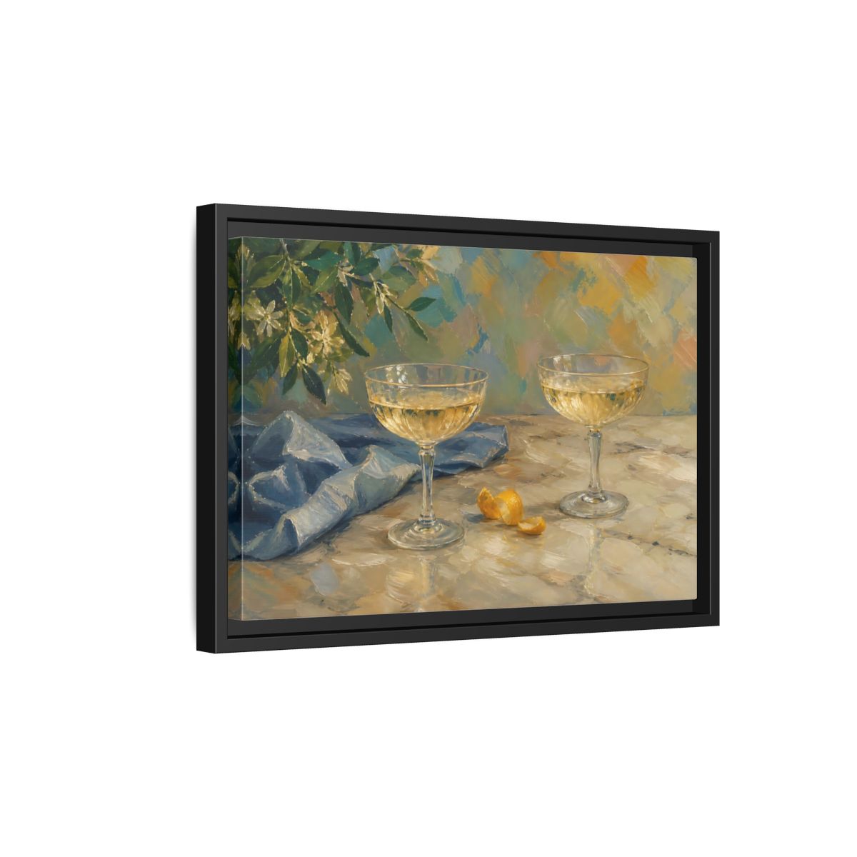 Side Mockup 6. Floral Champagne Glasses Blue And Gold shown as stretched canvas wall art