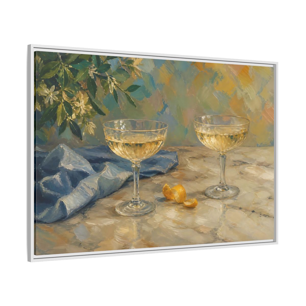 Side Mockup 7. Floral Champagne Glasses Blue And Gold shown as stretched canvas wall art