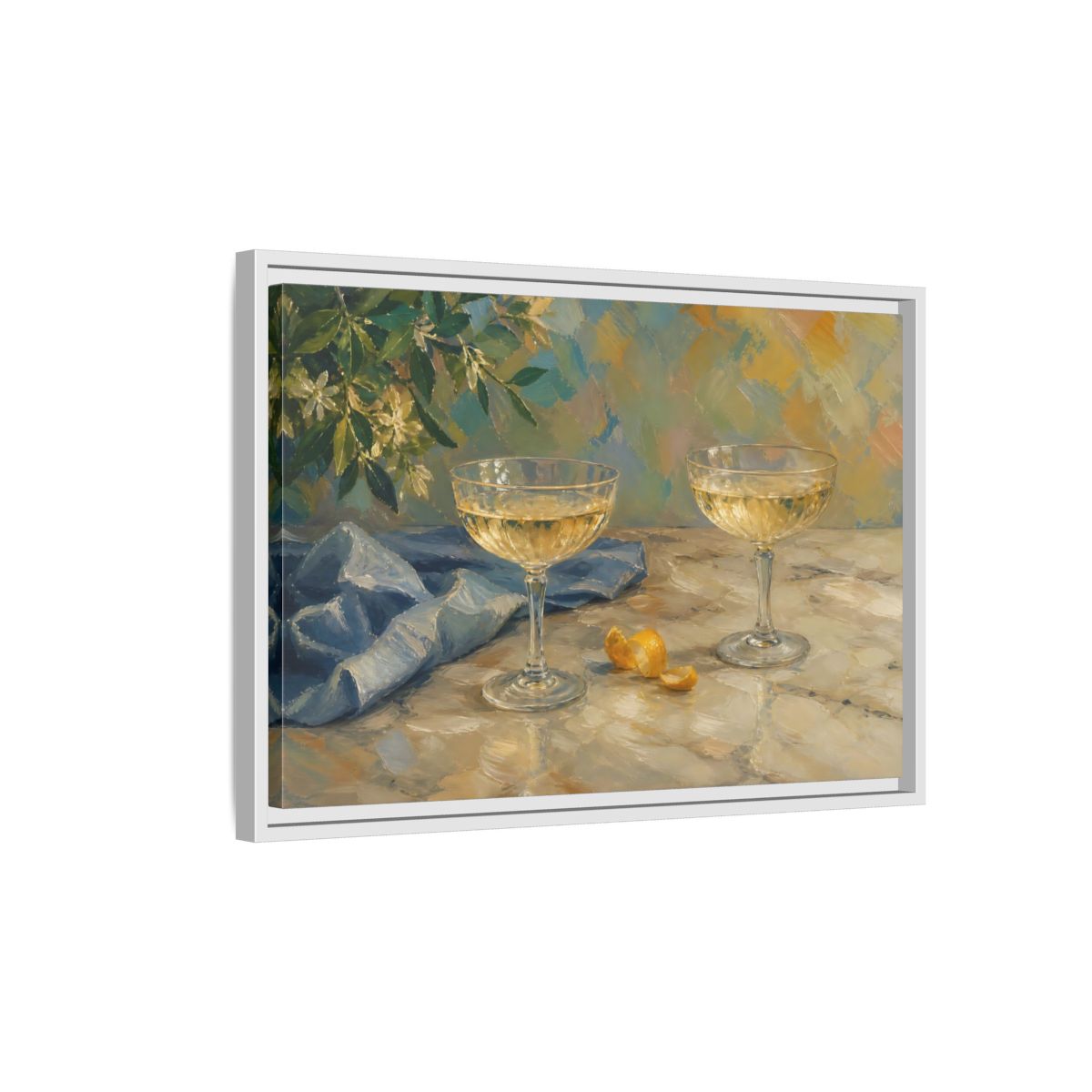 Side Mockup 1. Floral Champagne Glasses Blue And Gold shown as stretched canvas wall art