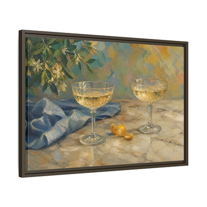 Side Mockup 11. Floral Champagne Glasses Blue And Gold shown as stretched canvas wall art