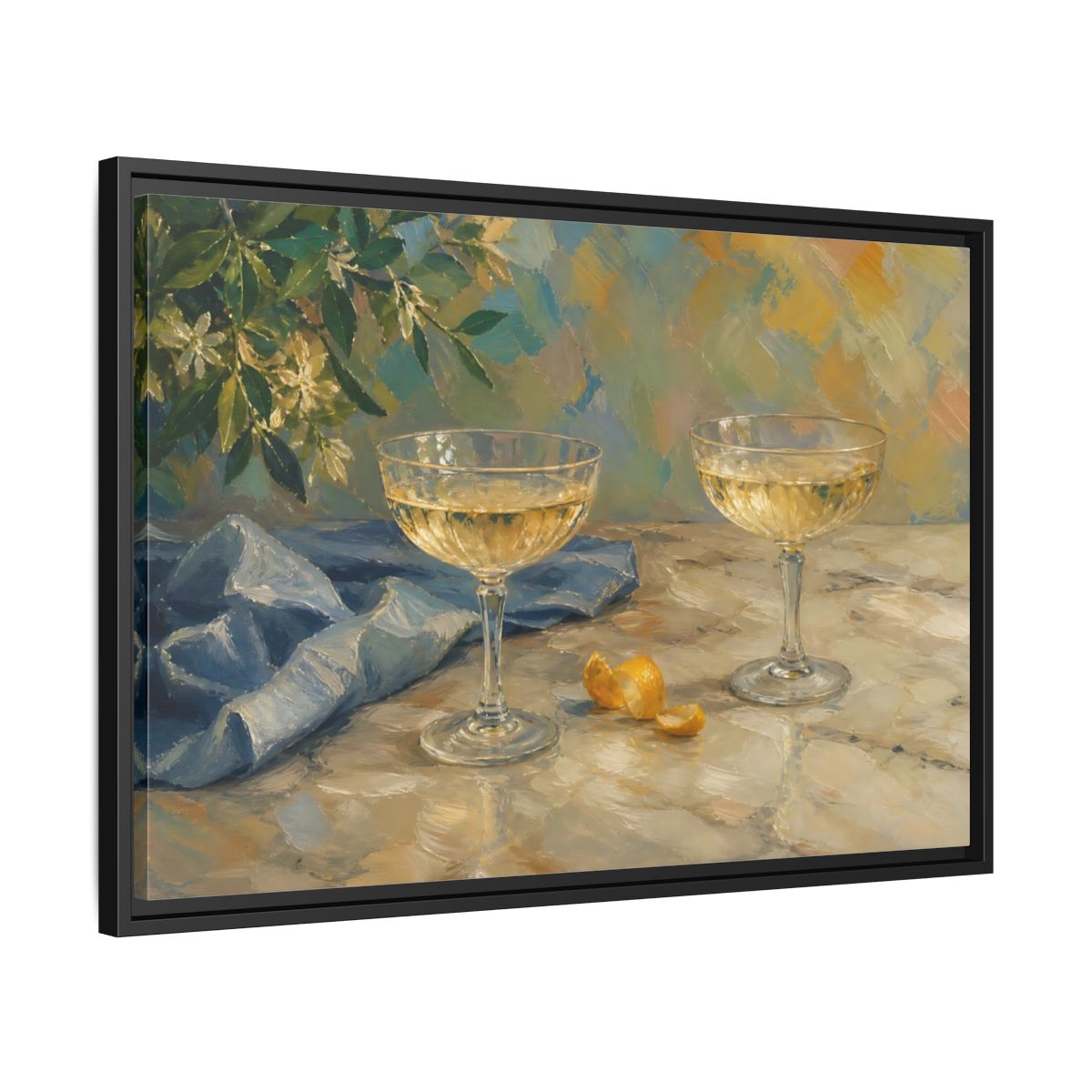 Side Mockup 14. Floral Champagne Glasses Blue And Gold shown as stretched canvas wall art