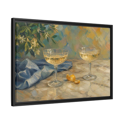 Side Mockup 14. Floral Champagne Glasses Blue And Gold shown as stretched canvas wall art