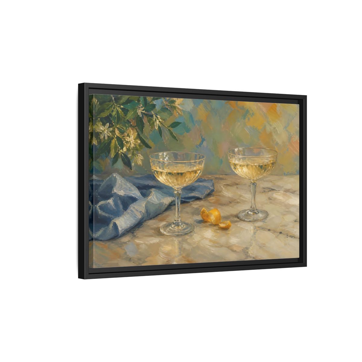 Side Mockup 3. Floral Champagne Glasses Blue And Gold shown as stretched canvas wall art