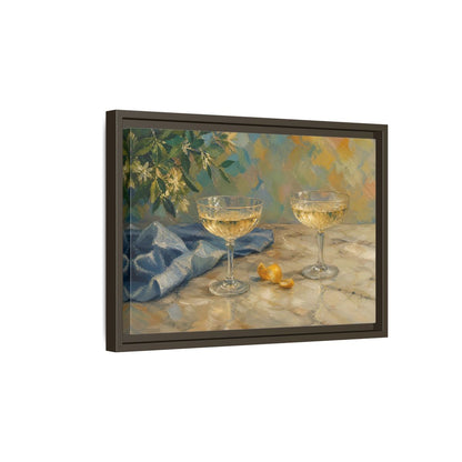 Side Mockup 5. Floral Champagne Glasses Blue And Gold shown as stretched canvas wall art