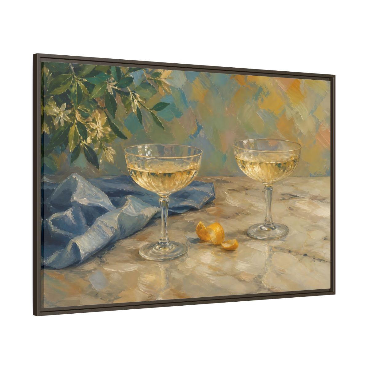 Side Mockup 8. Floral Champagne Glasses Blue And Gold shown as stretched canvas wall art