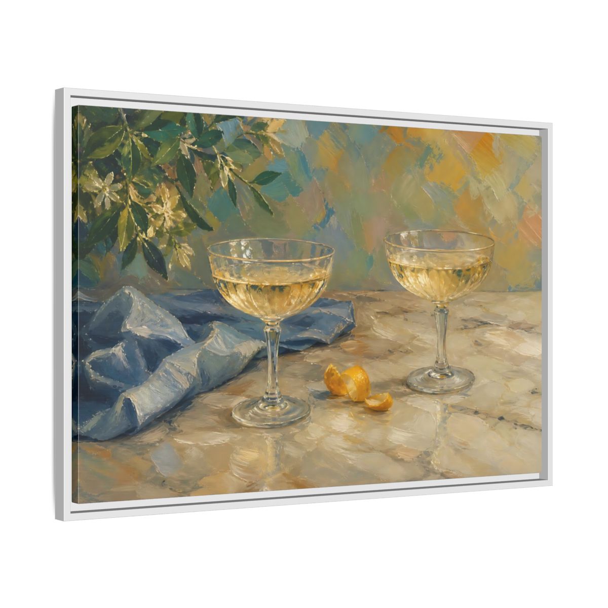 Side Mockup 9. Floral Champagne Glasses Blue And Gold shown as stretched canvas wall art
