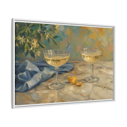 Side Mockup 9. Floral Champagne Glasses Blue And Gold shown as stretched canvas wall art