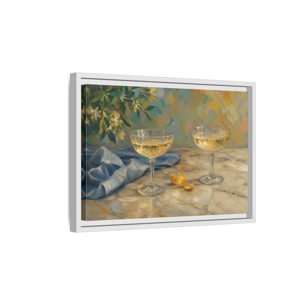 Side Mockup 4. Floral Champagne Glasses Blue And Gold shown as stretched canvas wall art