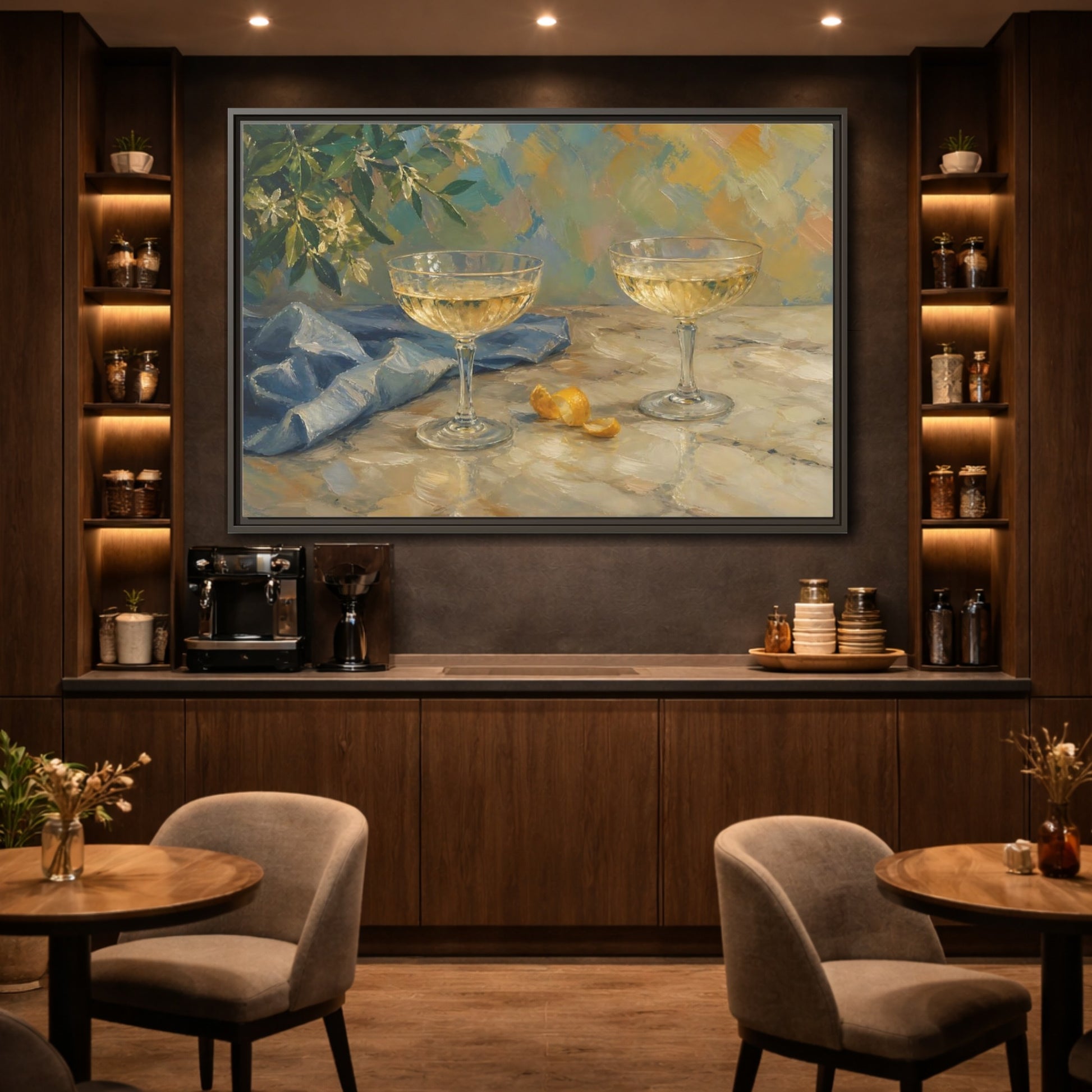 Mockup 2. Floral Champagne Glasses Blue And Gold shown as stretched canvas wall art