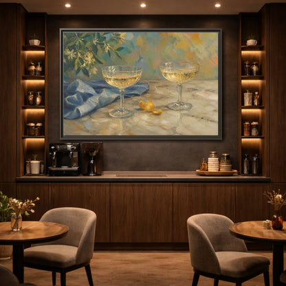 Mockup 2. Floral Champagne Glasses Blue And Gold shown as stretched canvas wall art